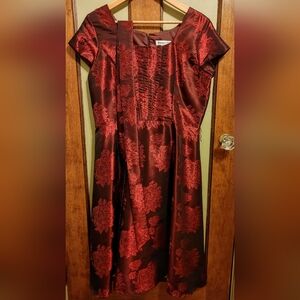 Coldwater Creek: Floral Brocade Party Dress – Burgundy Satin Look – Size 12P